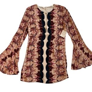 NEW Free People Multicolor Abstract Dress Bell Sleeve Boho Cottage Women 4 Small